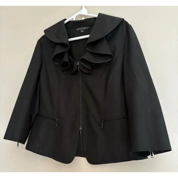 Lafayette 148 New York Black Blazer Career Jacket Size 12 Ruffled Zipper Necklin - Picture 3 of 13